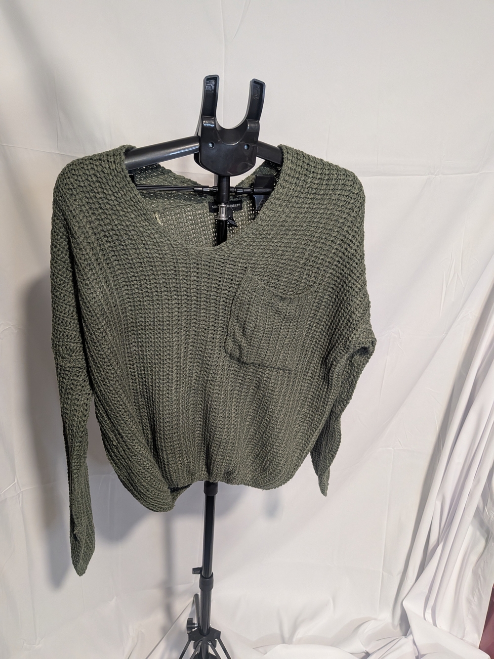 Streetwear Society Olive V-Neck Waffle Knit Pocket Sweater